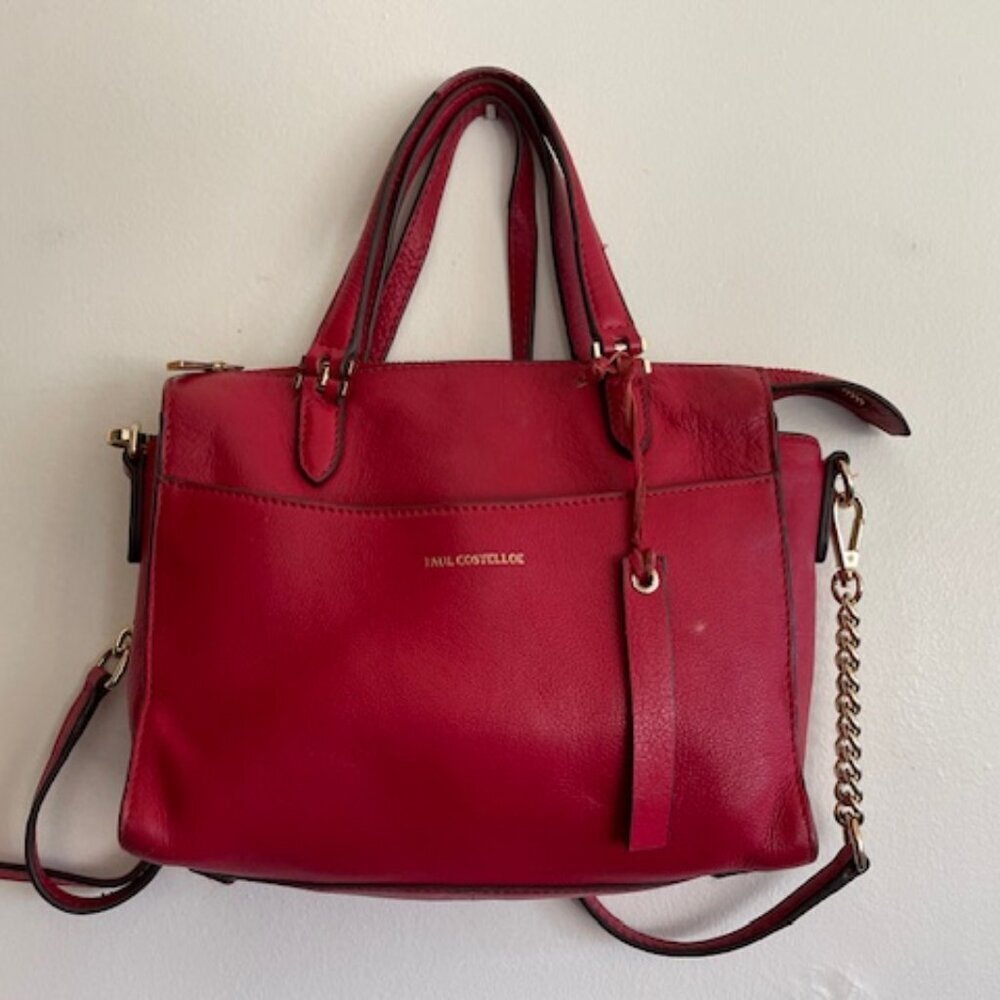 PAUL COSTELLOE Vintage Red Leather Satchel/Shoulder Bag Purse - Picture 3 of 17